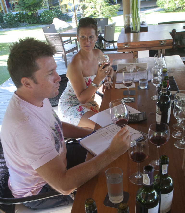 Matt and Rae hard at work, tasting the new wines...