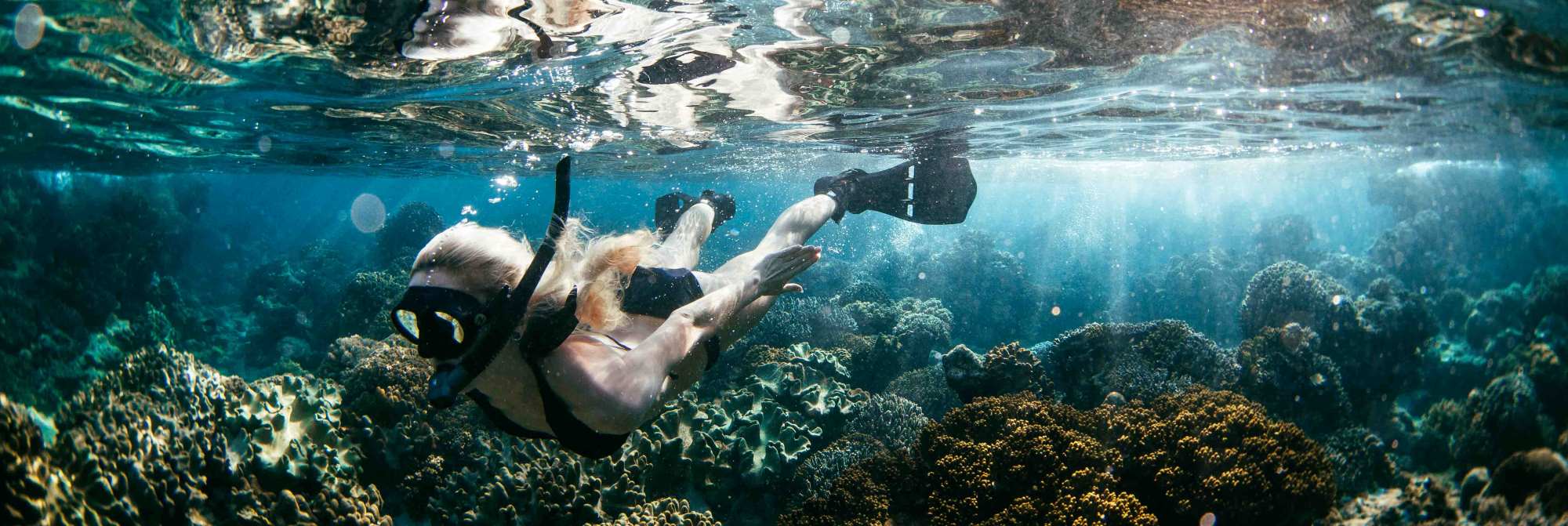 Woman snorkeling and swimming under the water in Apo Island in the Philippines