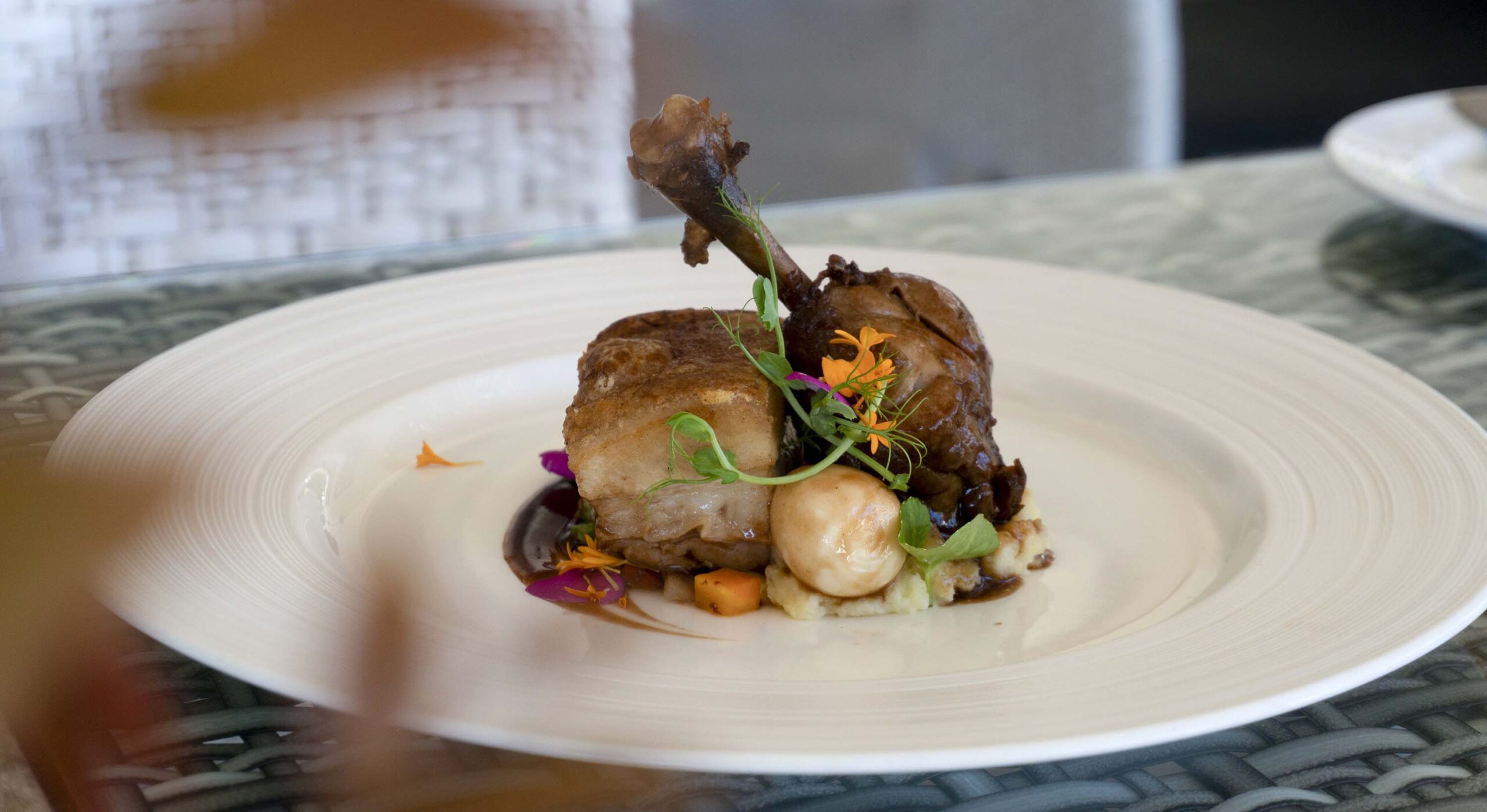 The classic Filipino dish adobo displayed on a dish in Atmosphere resort's kitchen in the Philippines